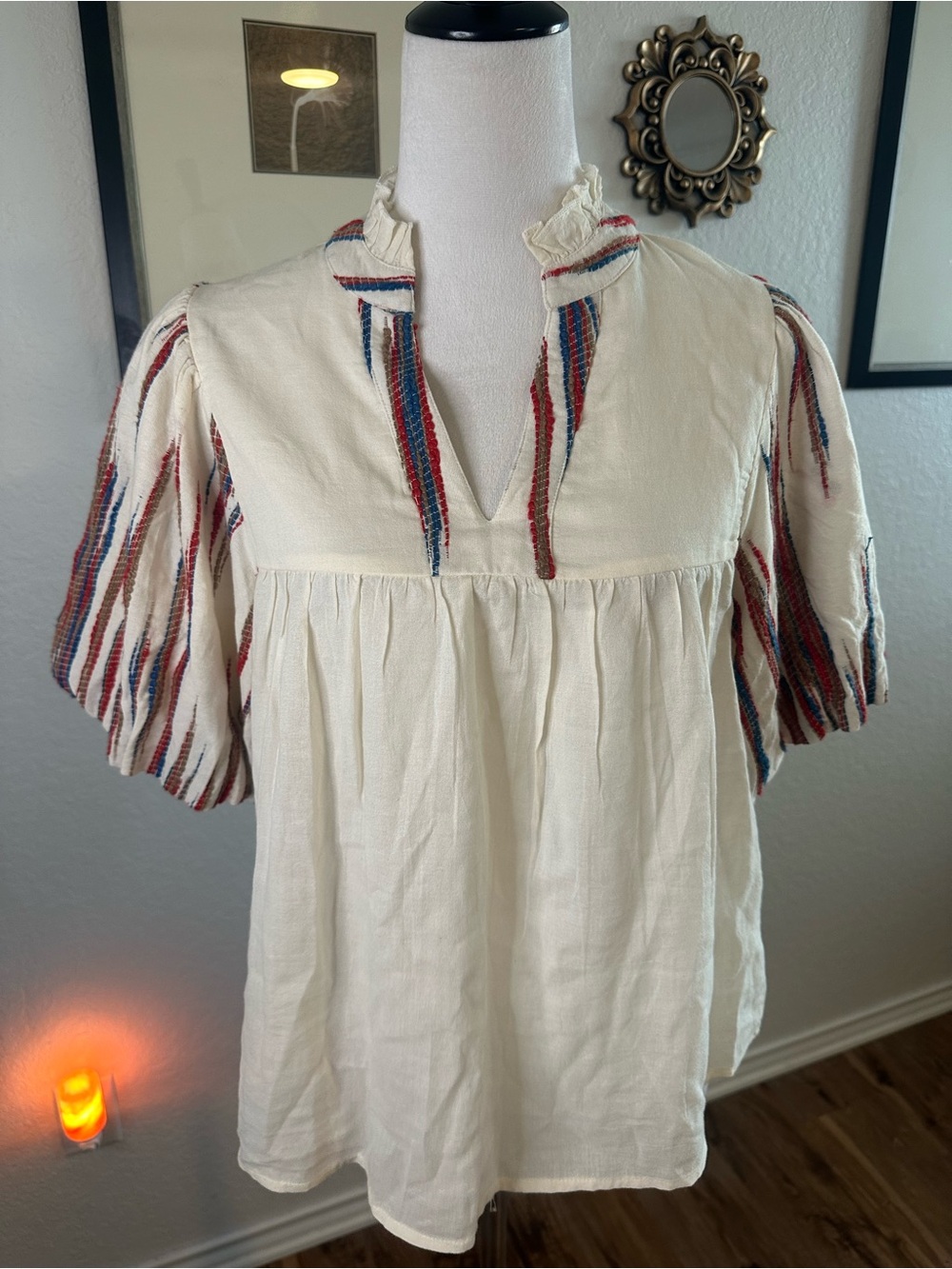 Anthropologie THML Cream Puff Sleeve Bohemian Blouse